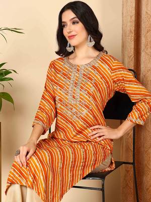 women orange viscose rayon leheriya embroidered straight kurta 1