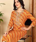 women orange viscose rayon leheriya embroidered straight kurta