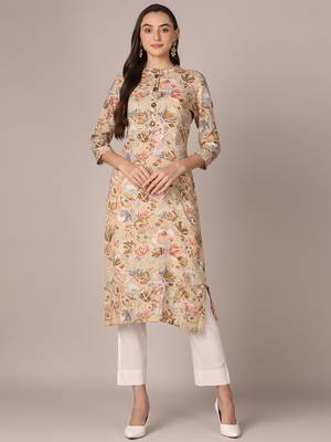 women khaki viscose rayon floral printed straight kurta 1