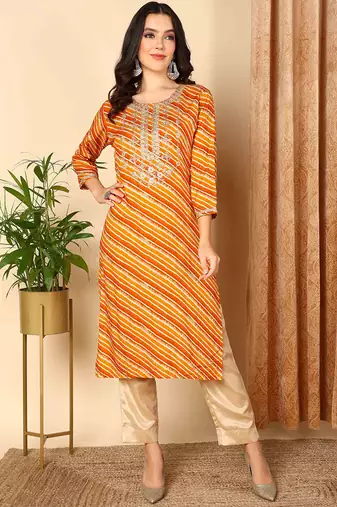 women orange viscose rayon leheriya embroidered straight kurta