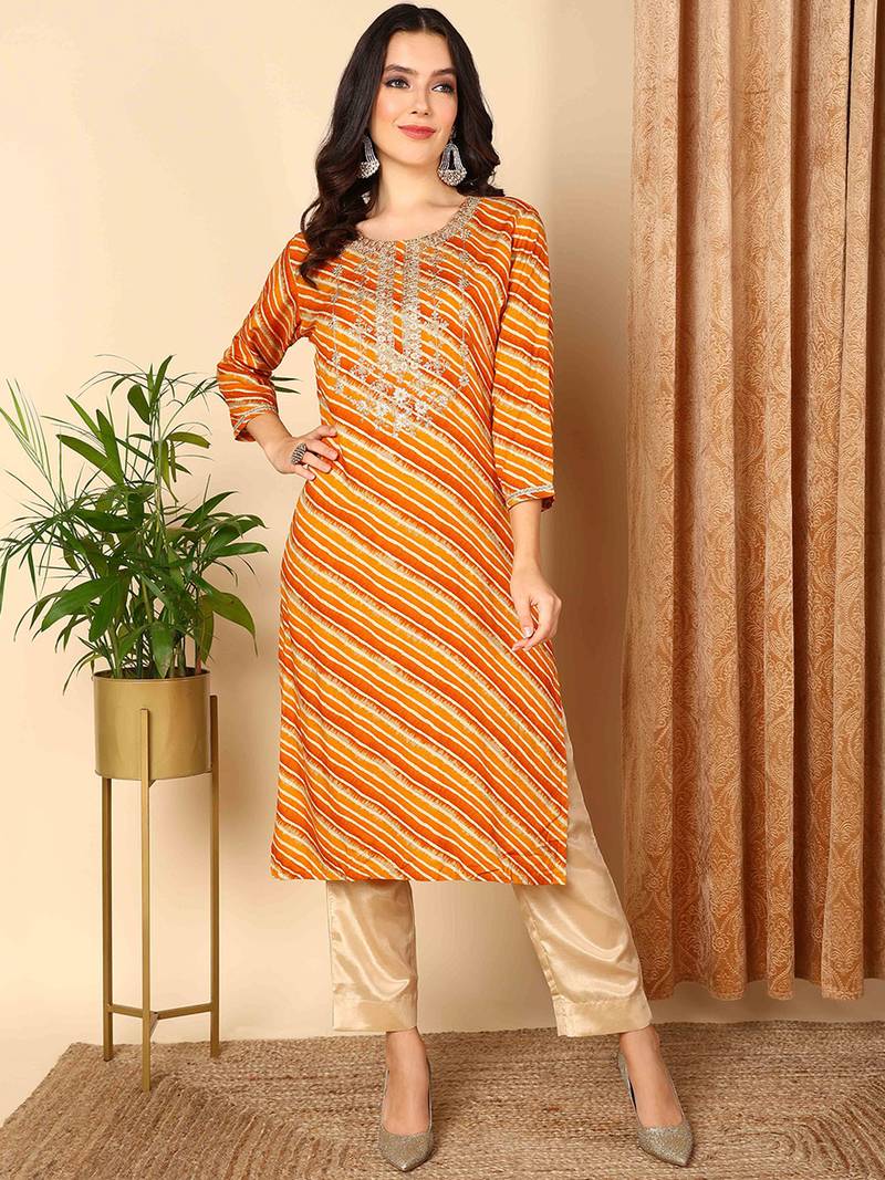 women orange viscose rayon leheriya embroidered straight kurta