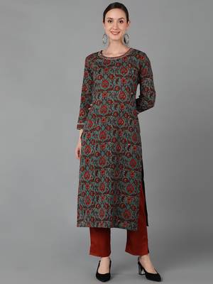 women teal cotton floral printed straight kurta 1