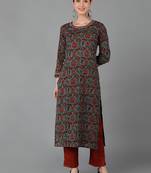 women teal cotton floral printed straight kurta