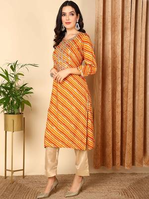 women orange viscose rayon leheriya embroidered straight kurta 3