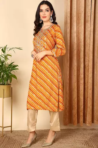women orange viscose rayon leheriya embroidered straight kurta