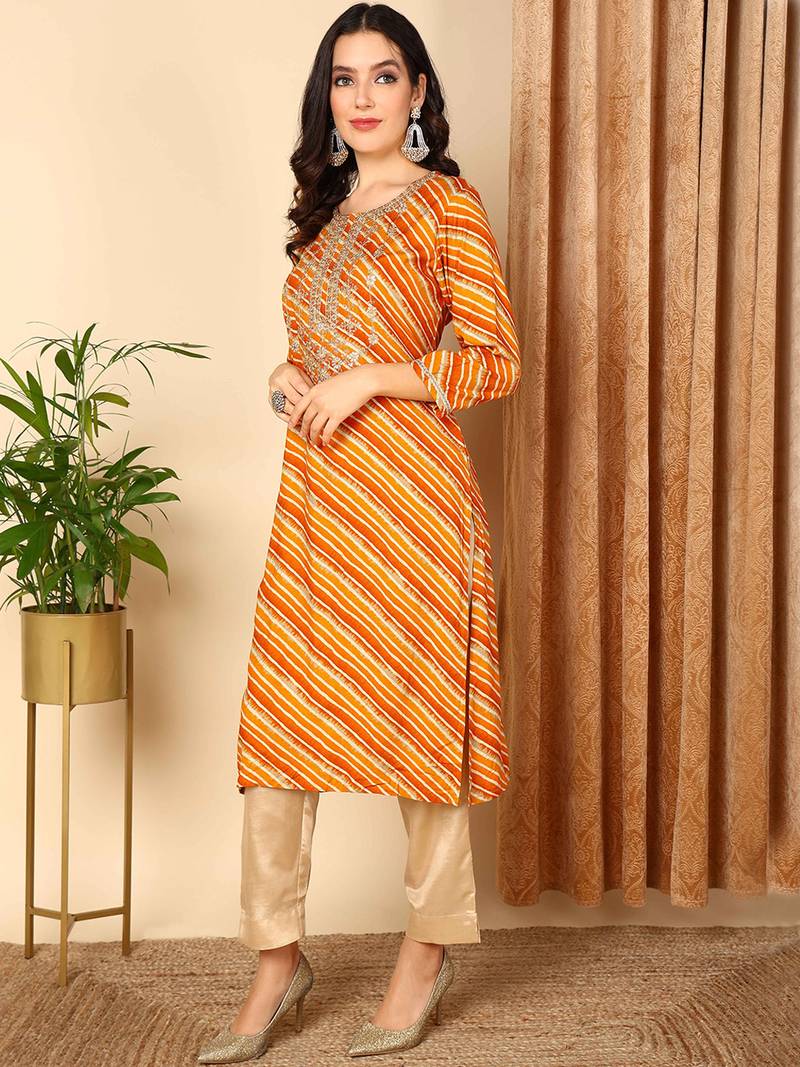 women orange viscose rayon leheriya embroidered straight kurta
