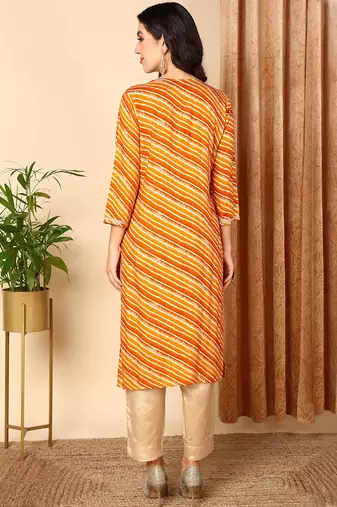 women orange viscose rayon leheriya embroidered straight kurta