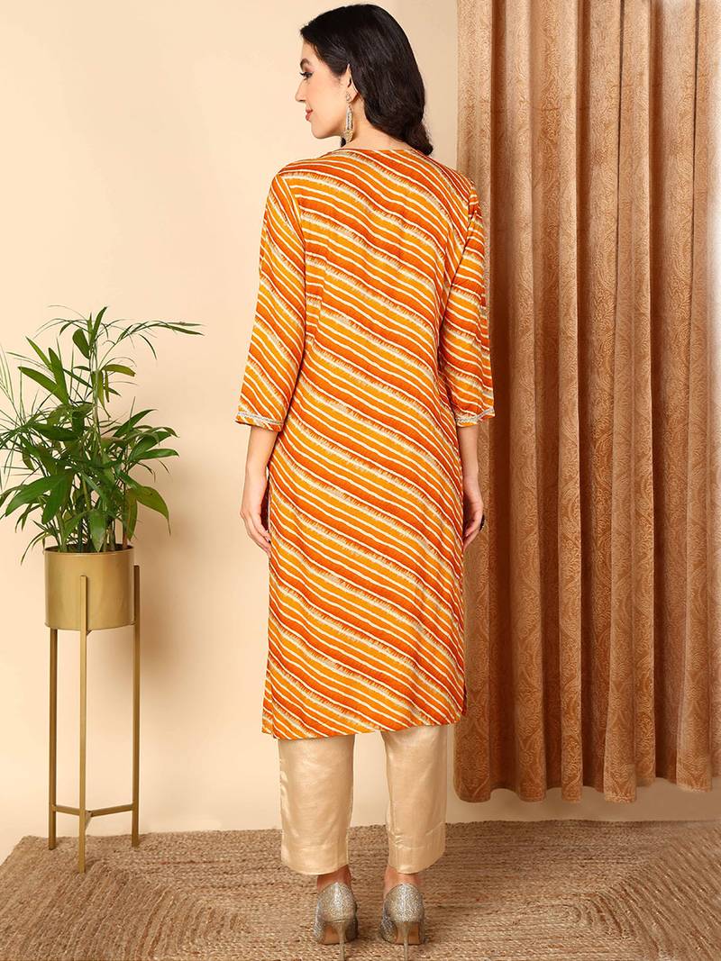 women orange viscose rayon leheriya embroidered straight kurta