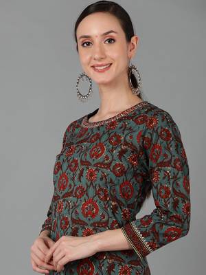 women teal cotton floral printed straight kurta 2