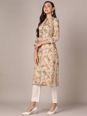 women khaki viscose rayon floral printed straight kurta 3