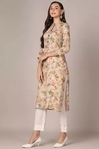 women khaki viscose rayon floral printed straight kurta