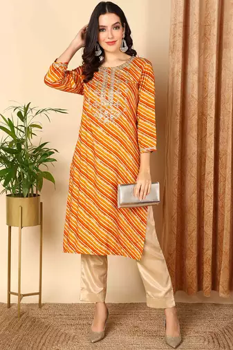women orange viscose rayon leheriya embroidered straight kurta
