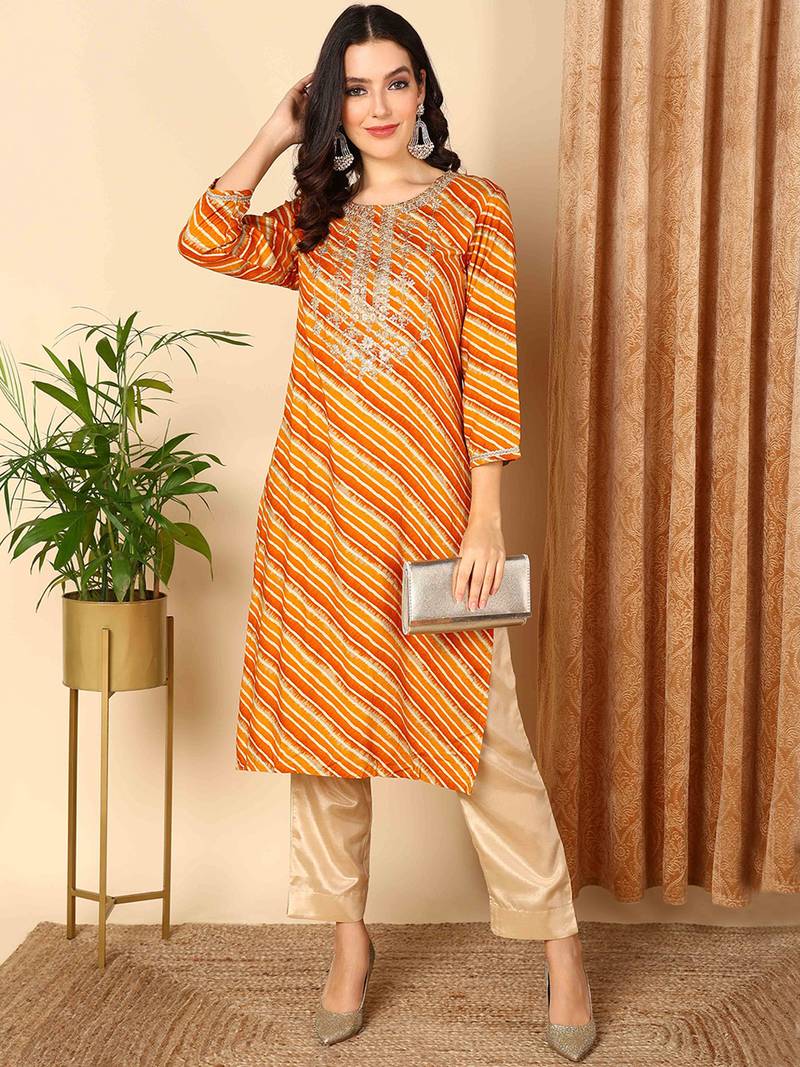 women orange viscose rayon leheriya embroidered straight kurta