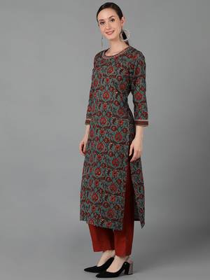 women teal cotton floral printed straight kurta 3