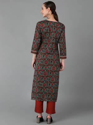 women teal cotton floral printed straight kurta 4