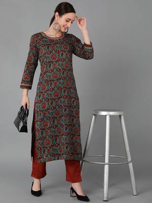 women teal cotton floral printed straight kurta 5