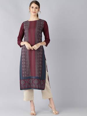 women maroon polyester ethnic motifs printed straight kurta 1