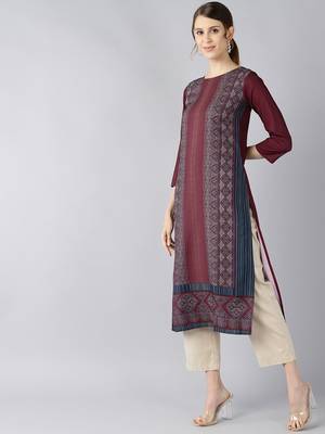 women maroon polyester ethnic motifs printed straight kurta 3
