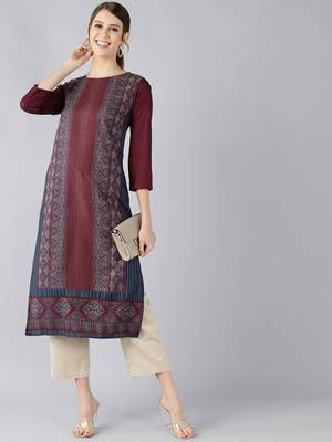 women maroon polyester ethnic motifs printed straight kurta 5