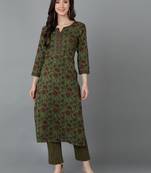 women green cotton floral printed straight kurta