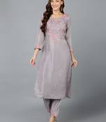women grey silk blend solid embroidered straight kurta