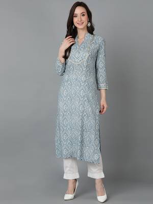 women blue silk blend abstract printed straight kurta 1
