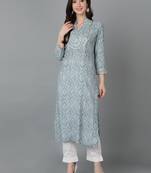 women blue silk blend abstract printed straight kurta