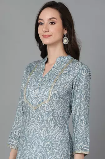 women blue silk blend abstract printed straight kurta
