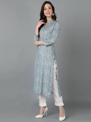 women blue silk blend abstract printed straight kurta 3