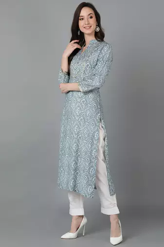 women blue silk blend abstract printed straight kurta