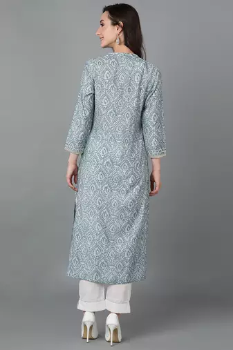women blue silk blend abstract printed straight kurta