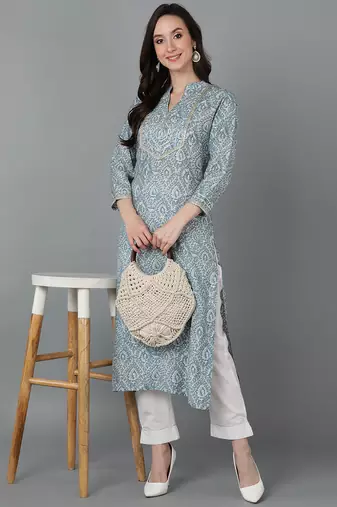 women blue silk blend abstract printed straight kurta