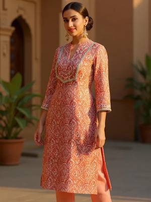 women peach silk blend abstract printed straight kurta 1