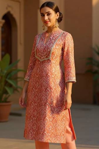 women peach silk blend abstract printed straight kurta