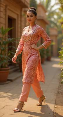 women peach silk blend abstract printed straight kurta 2
