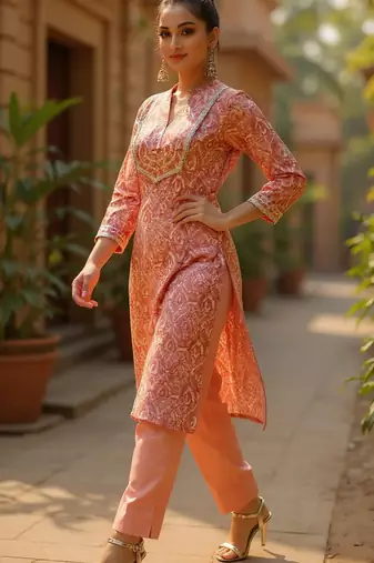 women peach silk blend abstract printed straight kurta