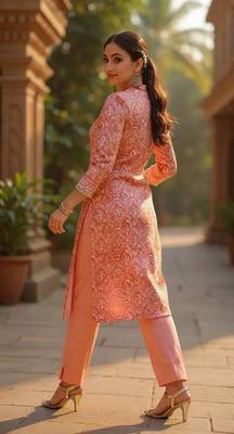 women peach silk blend abstract printed straight kurta 3