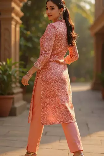 women peach silk blend abstract printed straight kurta