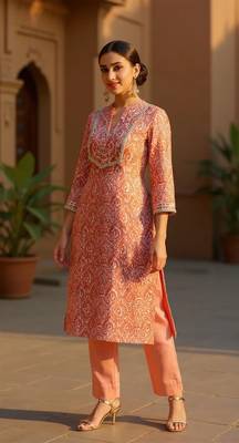 women peach silk blend abstract printed straight kurta 4
