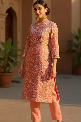 women peach silk blend abstract printed straight kurta