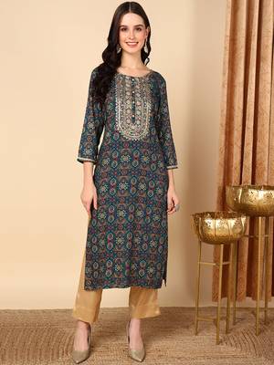 women blue viscose rayon bandhani embroidered straight kurta 1