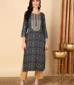 women blue viscose rayon bandhani embroidered straight kurta