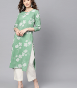 women green cotton floral printed straight kurta