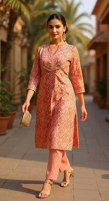 women peach silk blend abstract printed straight kurta 5