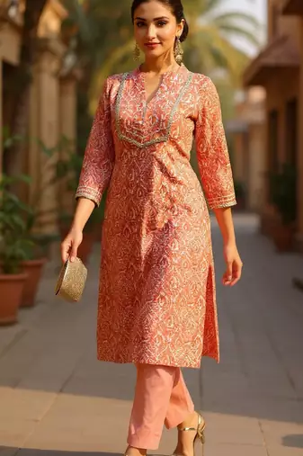 women peach silk blend abstract printed straight kurta