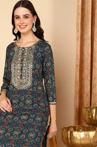 women blue viscose rayon bandhani embroidered straight kurta