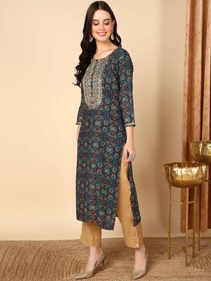 women blue viscose rayon bandhani embroidered straight kurta 3