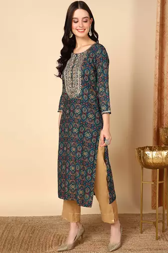 women blue viscose rayon bandhani embroidered straight kurta