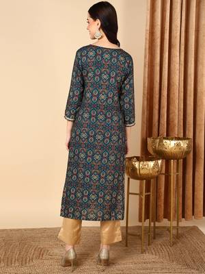 women blue viscose rayon bandhani embroidered straight kurta 4