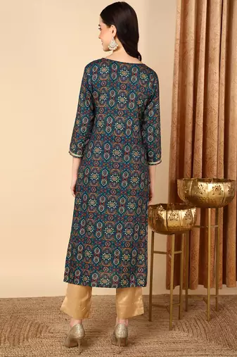 women blue viscose rayon bandhani embroidered straight kurta